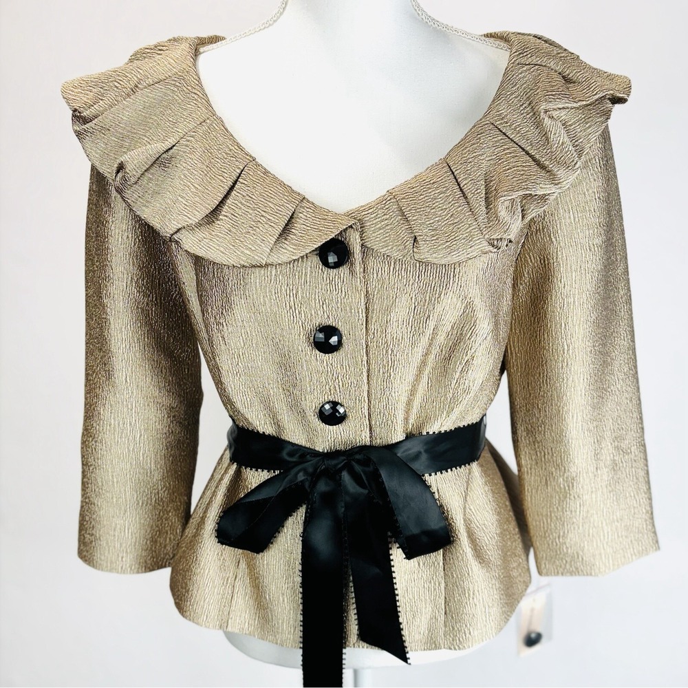 Dress Barn Evening Jacket Champagne Gold Ruffle Neck Collar Black Belt Lge 12/14